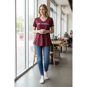 Modern Lux “No Drama” Graphic Tee Burgundy V-Neck Women’s Large Casual Shirt